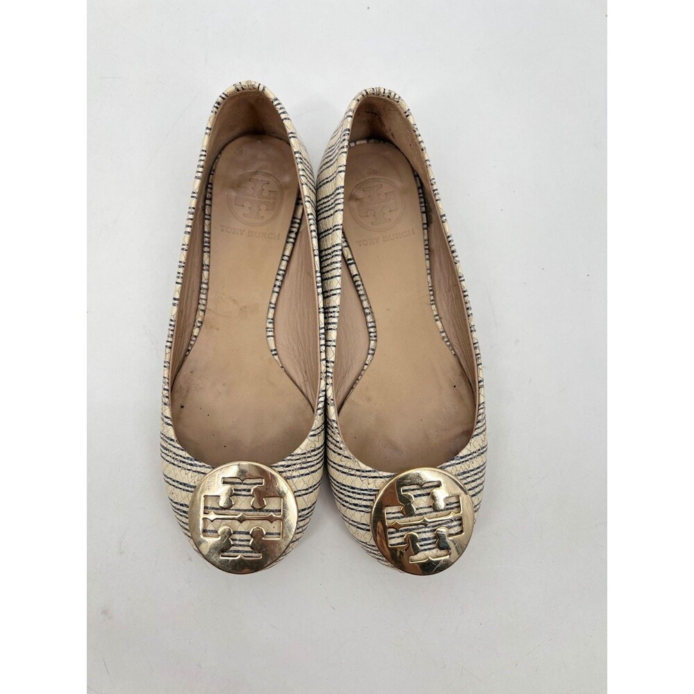 Tory Burch Reva Ballet Flats Piano Stripe White Blue Snake Leather Size 5 US